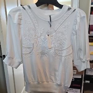 Anthropologie White Embroidered Puff-Sleeve Crewneck Sweater